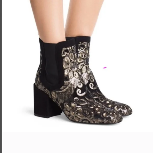 Stuart Weitzman Mediate Black Radiant Velvet Gold Sequins bootie Size 10 - Picture 16 of 17